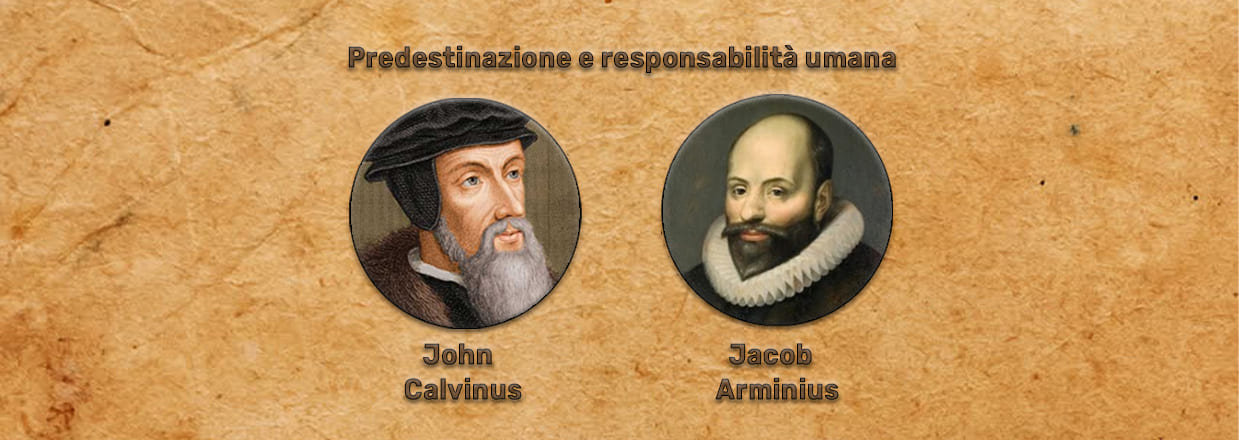 Immagine che rappresenta i volti di Calvino ed Arminio in contrapposizione