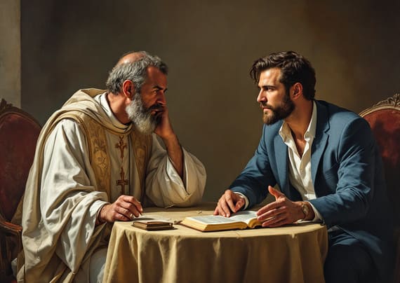 L'immagine mostra un predicatore evangelico che illustra le scritture ad un sacerdote cattolico