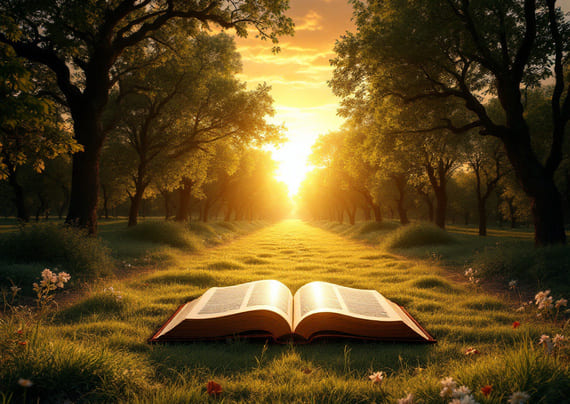 L'immagine mostra una via alberata rettilinea che conduce verso un sole al tramonto, con in primo piano una bibbia aperta.